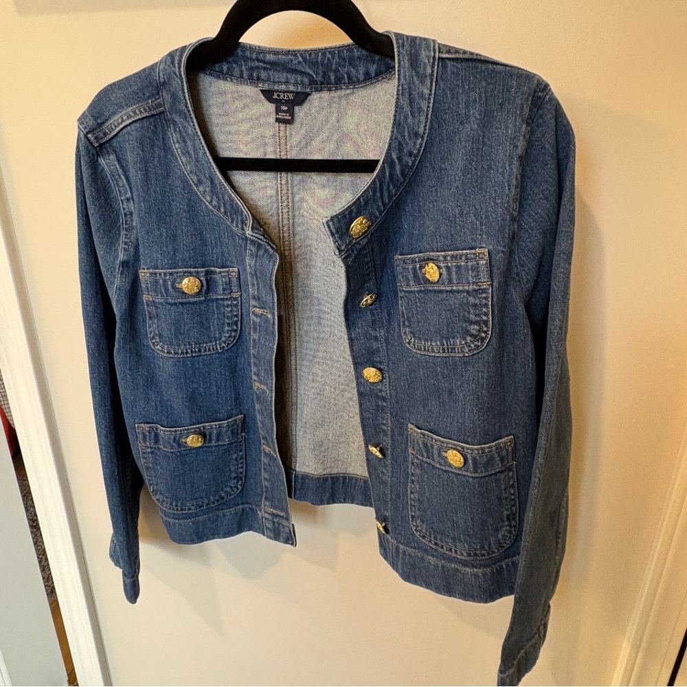 J Crew Denim Blue Jacket with Gold Accents